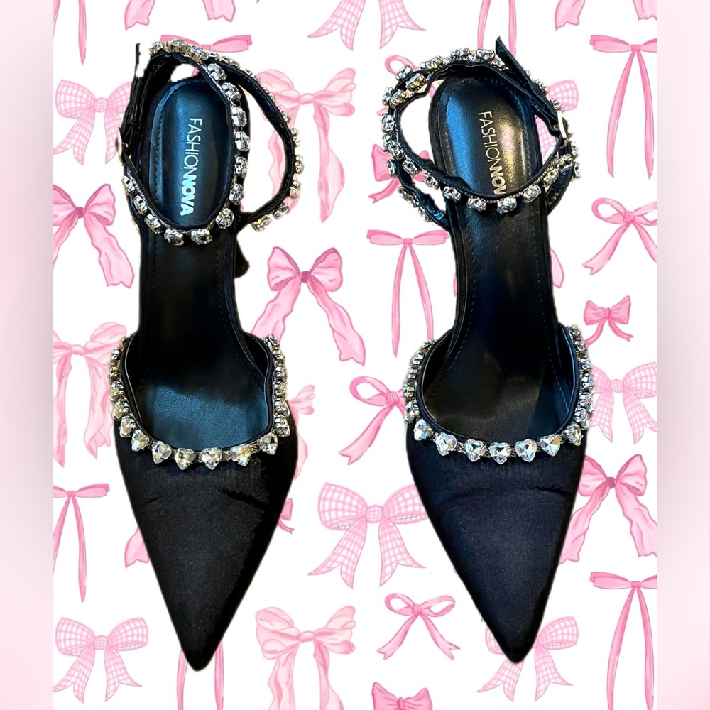 Fashion Nova black velvet rhinestone heels